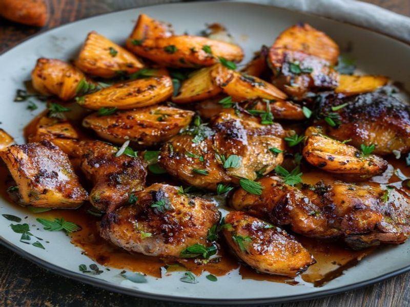 Finished Sheet-Pan Roasted Miso-Ginger Chicken Thighs with Crispy Sweet Potatoes beautifully plated, professional food photography, natural lighting