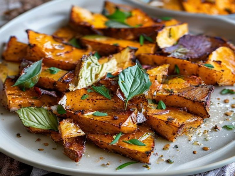Finished Sheet-Pan Roasted Sweet Potato Breakfast Hash with Maple-Sage Glaze beautifully plated, professional food photography, natural lighting