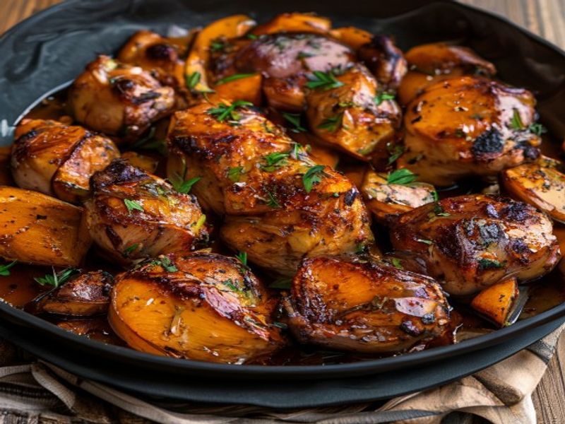Finished Sheet-Pan Smoked Paprika & Maple Chicken Thighs with Caramelized Sweet Potatoes beautifully plated, professional food photography, natural lighting