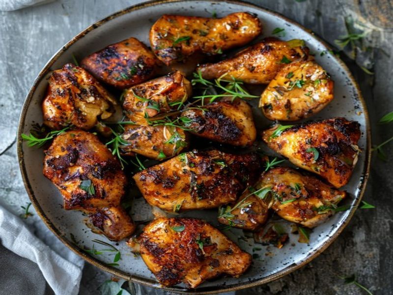Finished Sheet-Pan Smoked Paprika & Maple Chicken Thighs for Effortless Weekly Prep beautifully plated, professional food photography, natural lighting