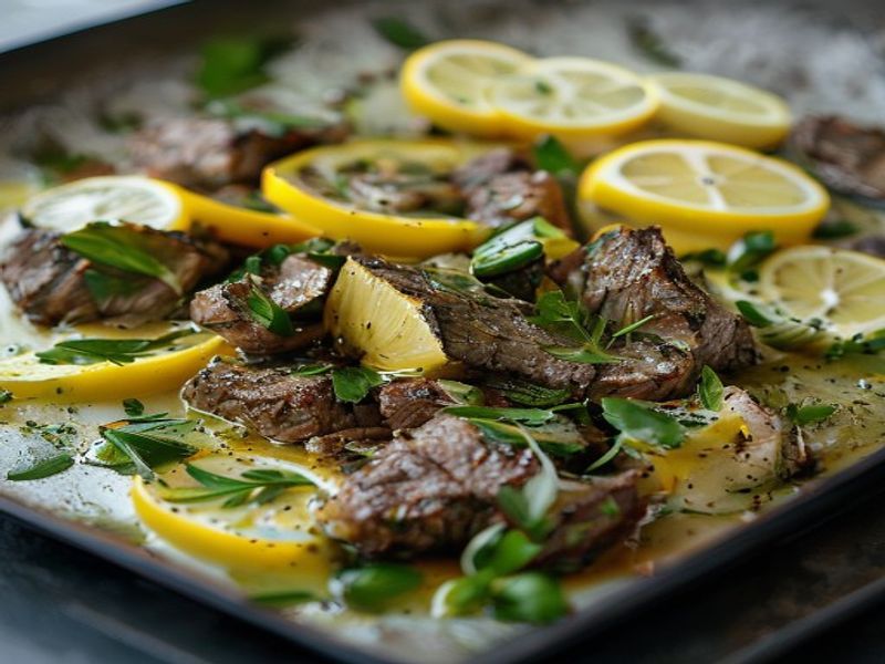 Finished Sheet Pan Beef with Lemon Herb and Fresh Herbs beautifully plated, professional food photography, natural lighting