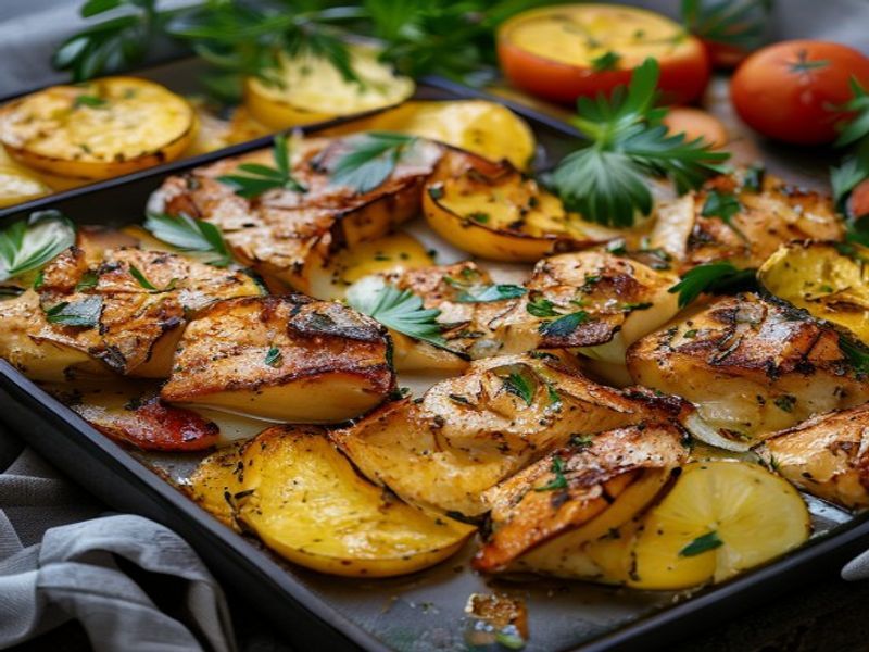 Finished Sheet Pan Greek Lemon Chicken and Potatoes beautifully plated, professional food photography, natural lighting