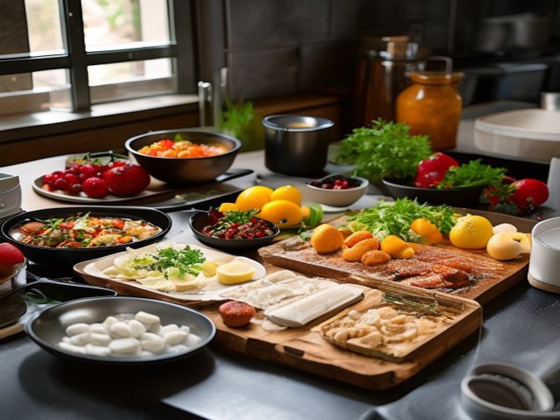 Ingredients prepped and organized on cutting board, mise en place, professional kitchen setup