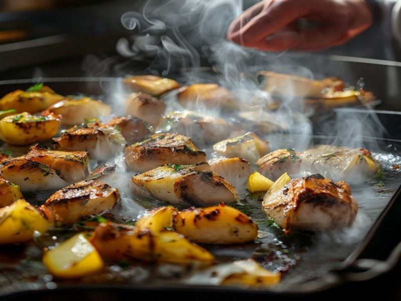 Cooking process shot, Sheet Pan Greek Lemon Chicken and Potatoes in pan, steam rising, professional action photography