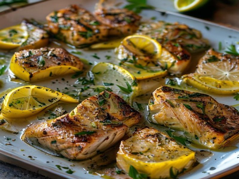 Finished Sheet Pan Salmon Skillet with Lemon Herb beautifully plated, professional food photography, natural lighting