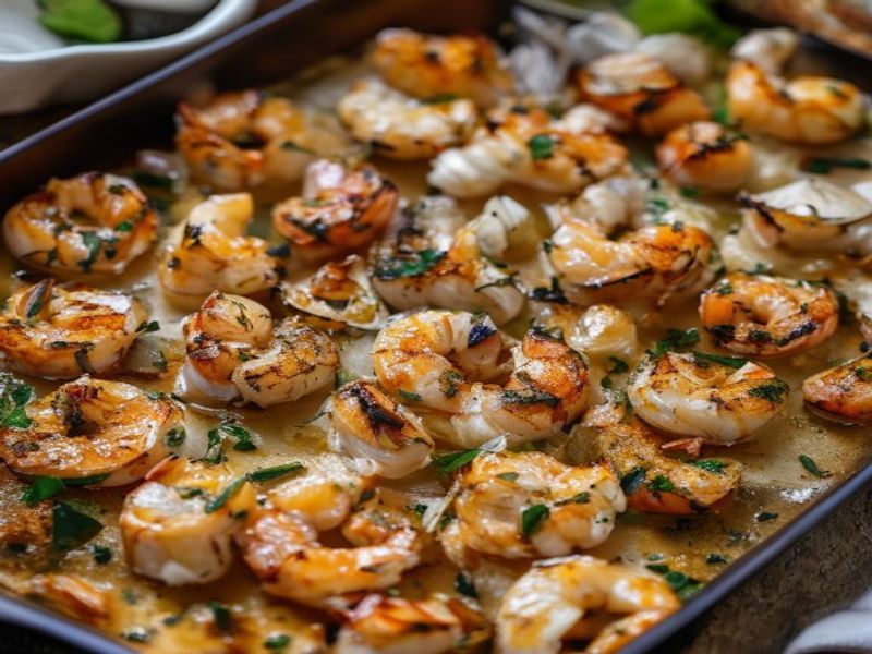 Finished Sheet Pan Shrimp Skillet with Garlic Butter beautifully plated, professional food photography, natural lighting