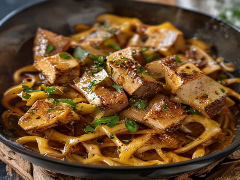 Finished Slow Cooker Tofu Pasta with Honey Soy beautifully plated, professional food photography, natural lighting