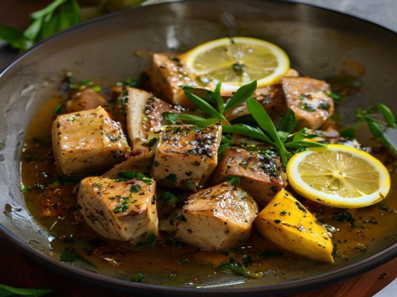 Finished Slow Cooker Tofu with Lemon Herb and Fresh Herbs beautifully plated, professional food photography, natural lighting