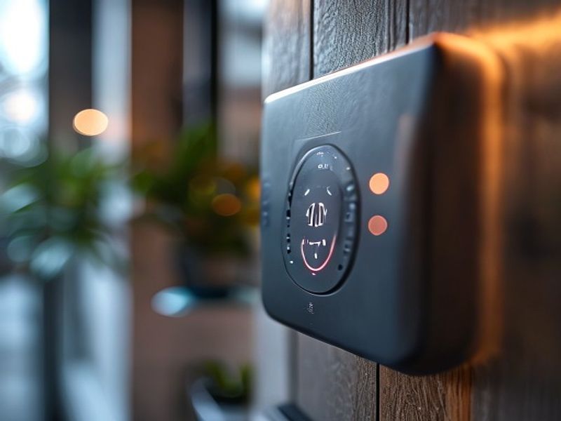 Close up detail shot of smart thermostat in use, shallow depth of field, realistic product photography