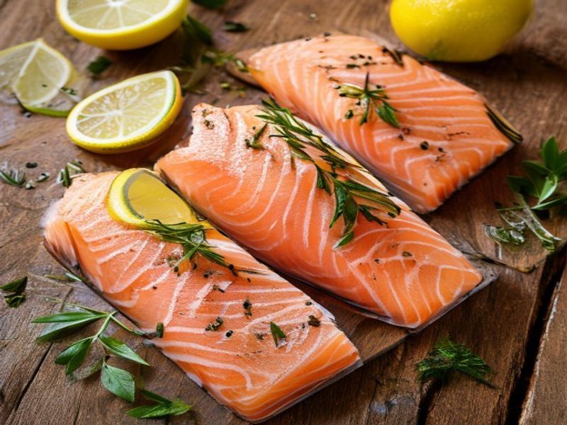 Cooked salmon fillet with crispy skin inside air fryer basket
