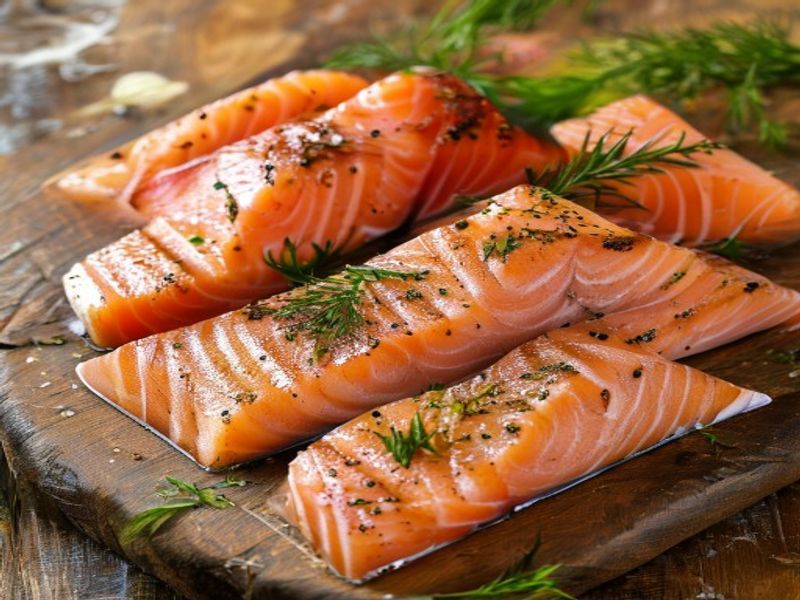 Plated cooked salmon with broccoli and lemon