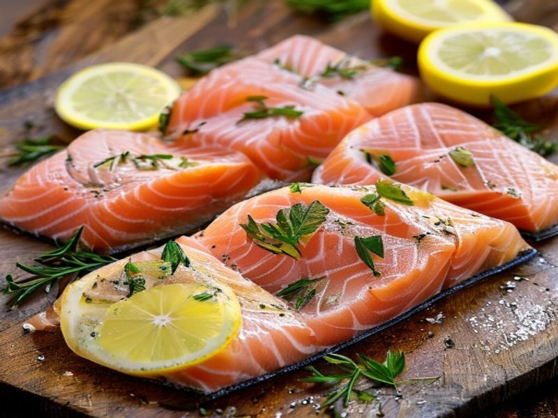 Raw salmon fillets seasoned with herbs