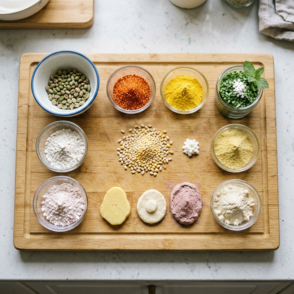 Ingredients prepped and organized on cutting board, mise en place, professional kitchen setup