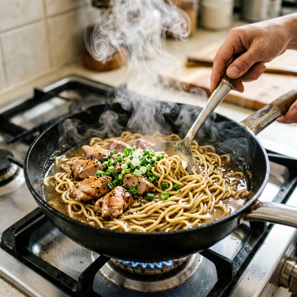Cooking process shot, 10-Minute Miso-Glazed Chicken Noodle Bowl for a Zesty Lunch in pan, steam rising, professional action photography