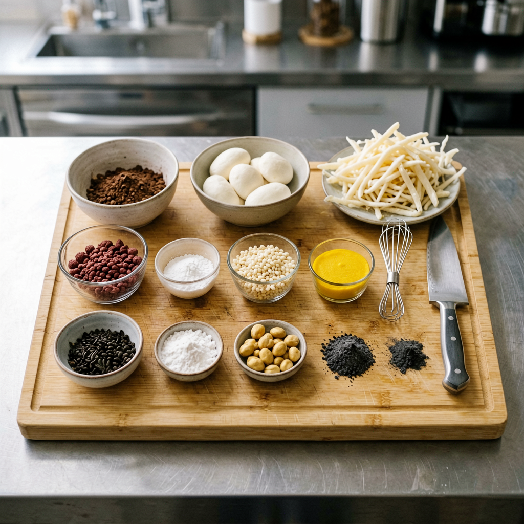 Ingredients prepped and organized on cutting board, mise en place, professional kitchen setup