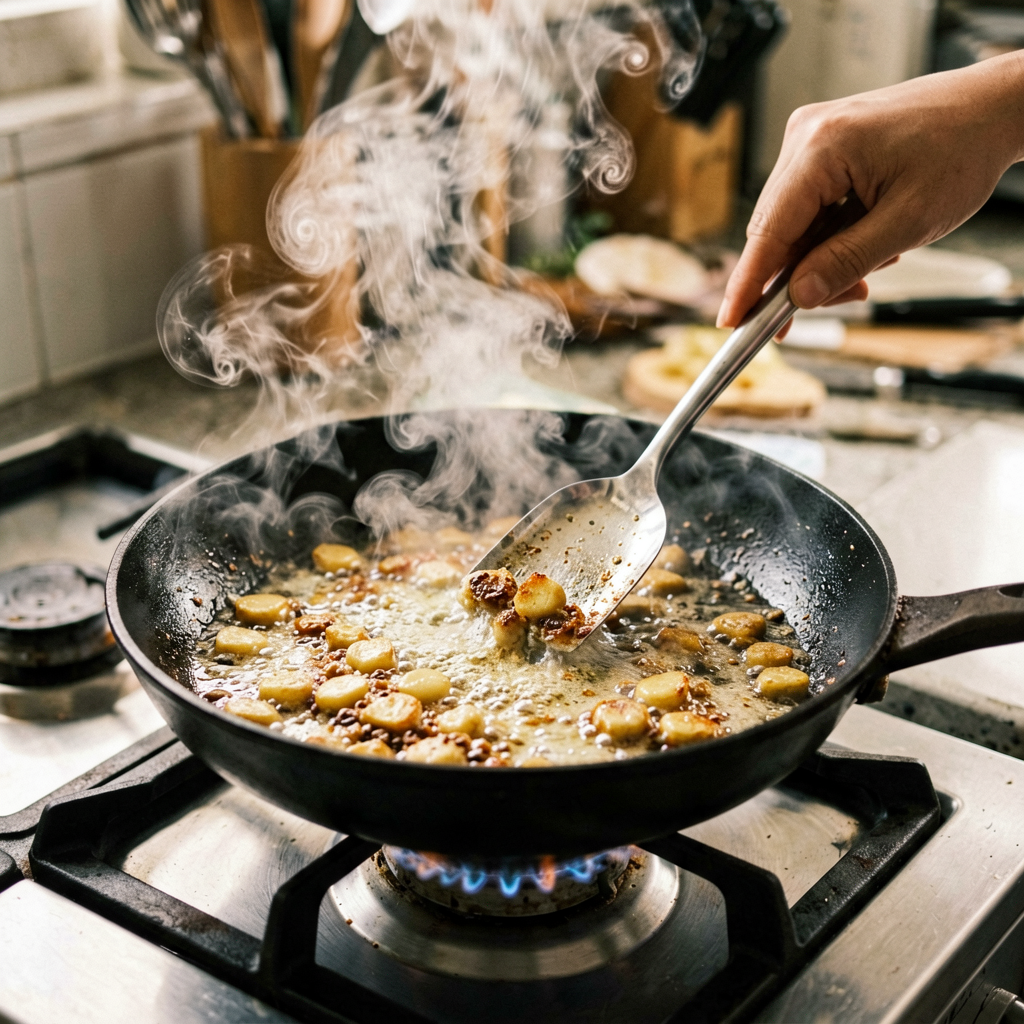 Cooking process shot, 10-Minute Pan-Seared in pan, steam rising, professional action photography
