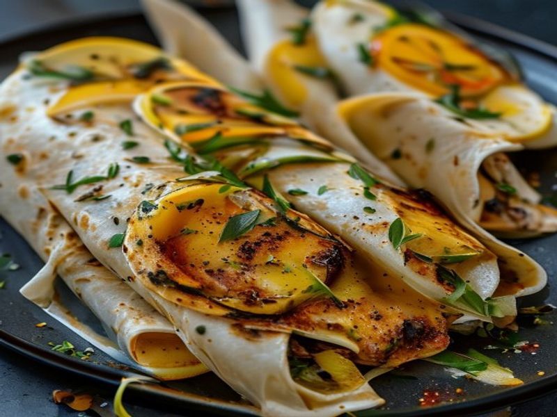 Finished 10-Minute Skillet-Seared Lemon-Tahini Chicken Wraps beautifully plated, professional food photography, natural lighting