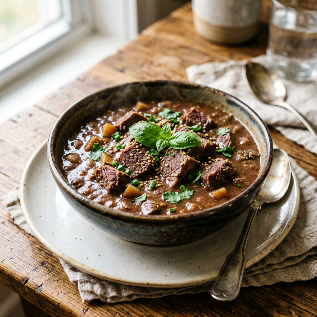Finished 15-Minute Slow Cooker Lamb Soup beautifully plated, professional food photography, natural lighting