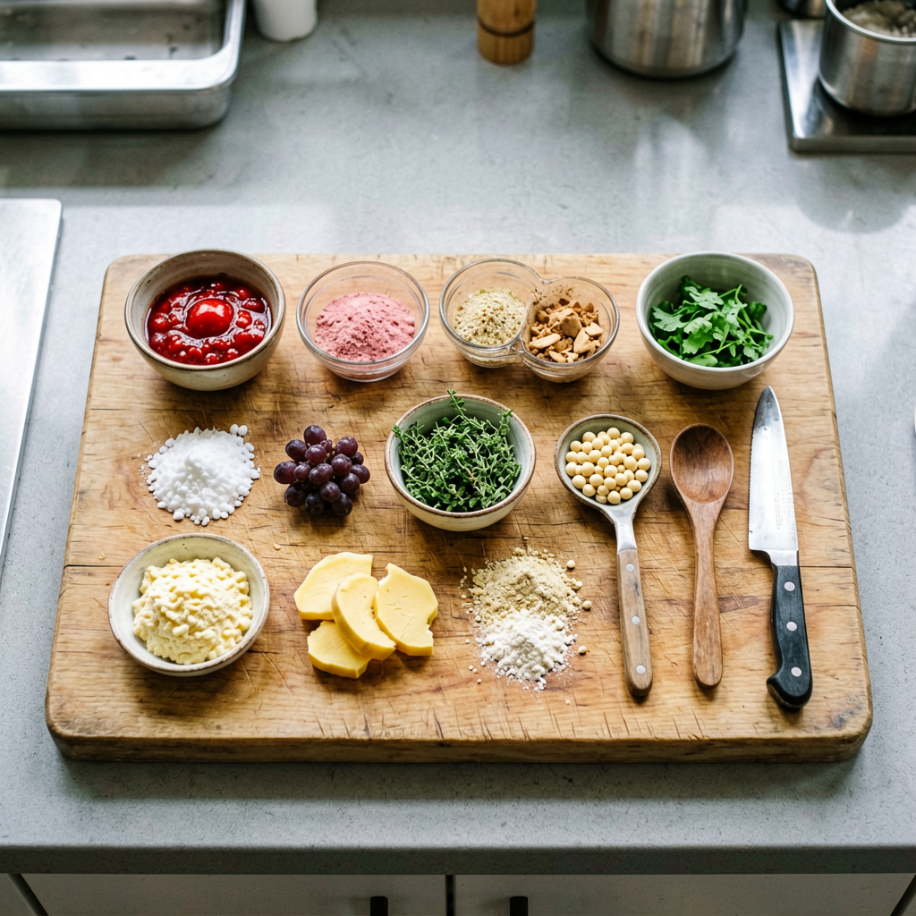 Ingredients prepped and organized on cutting board, mise en place, professional kitchen setup