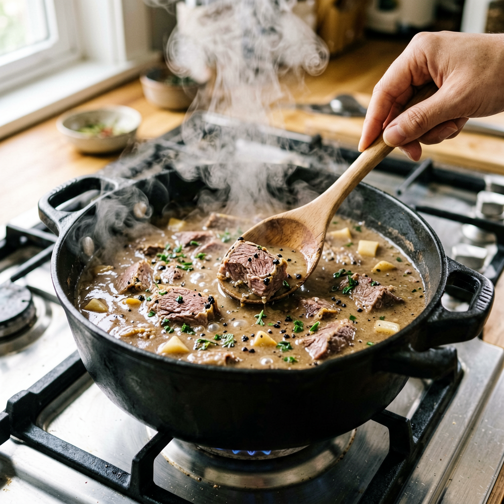 Cooking process shot, 15-Minute Slow Cooker Lamb Soup in pan, steam rising, professional action photography