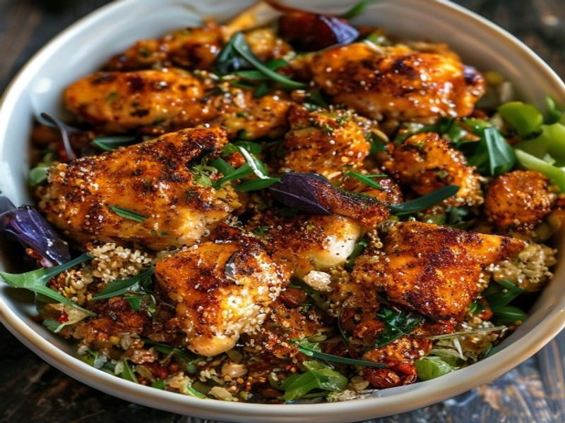 Finished 20-Minute Air-Fried Harissa Glazed Chicken & Quinoa Power Bowls beautifully plated, professional food photography, natural lighting