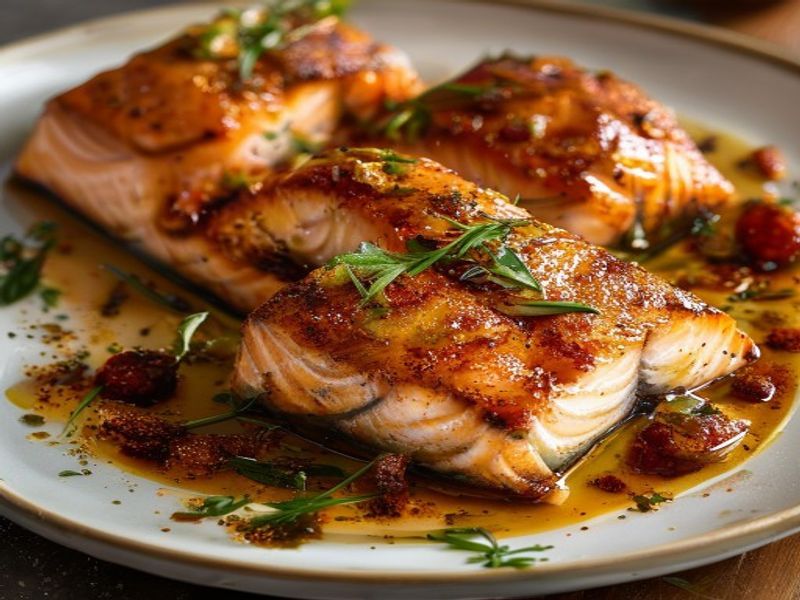 Finished 20-Minute Air-Fried Harissa Honey Salmon beautifully plated, professional food photography, natural lighting