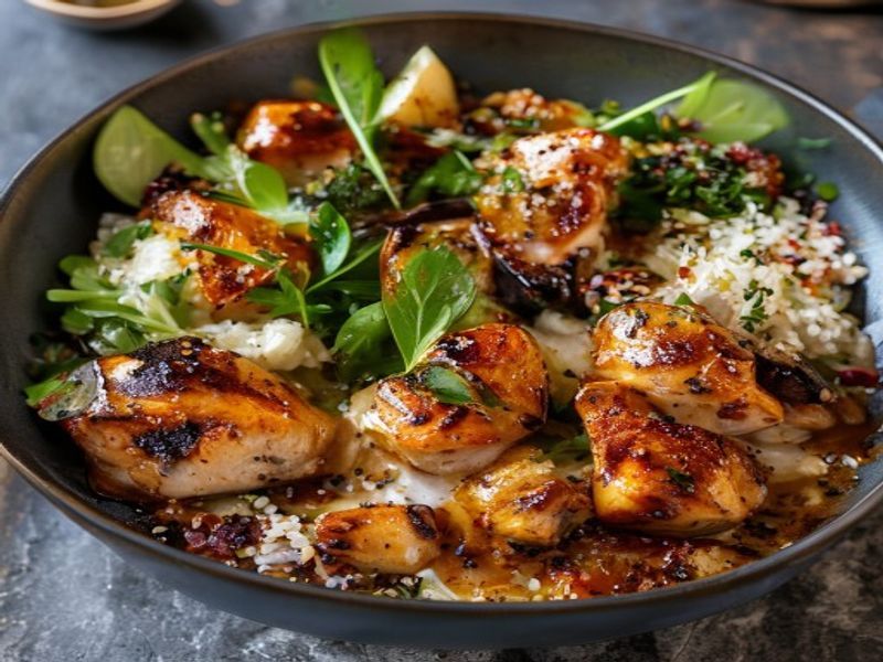 Finished 20-Minute Skillet-Seared Miso-Ginger Chicken & Quinoa Bowls beautifully plated, professional food photography, natural lighting
