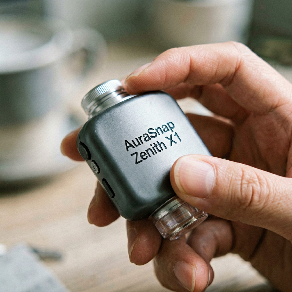 Close up detail shot of AuraSnap Zenith X1 in use, shallow depth of field, realistic product photography