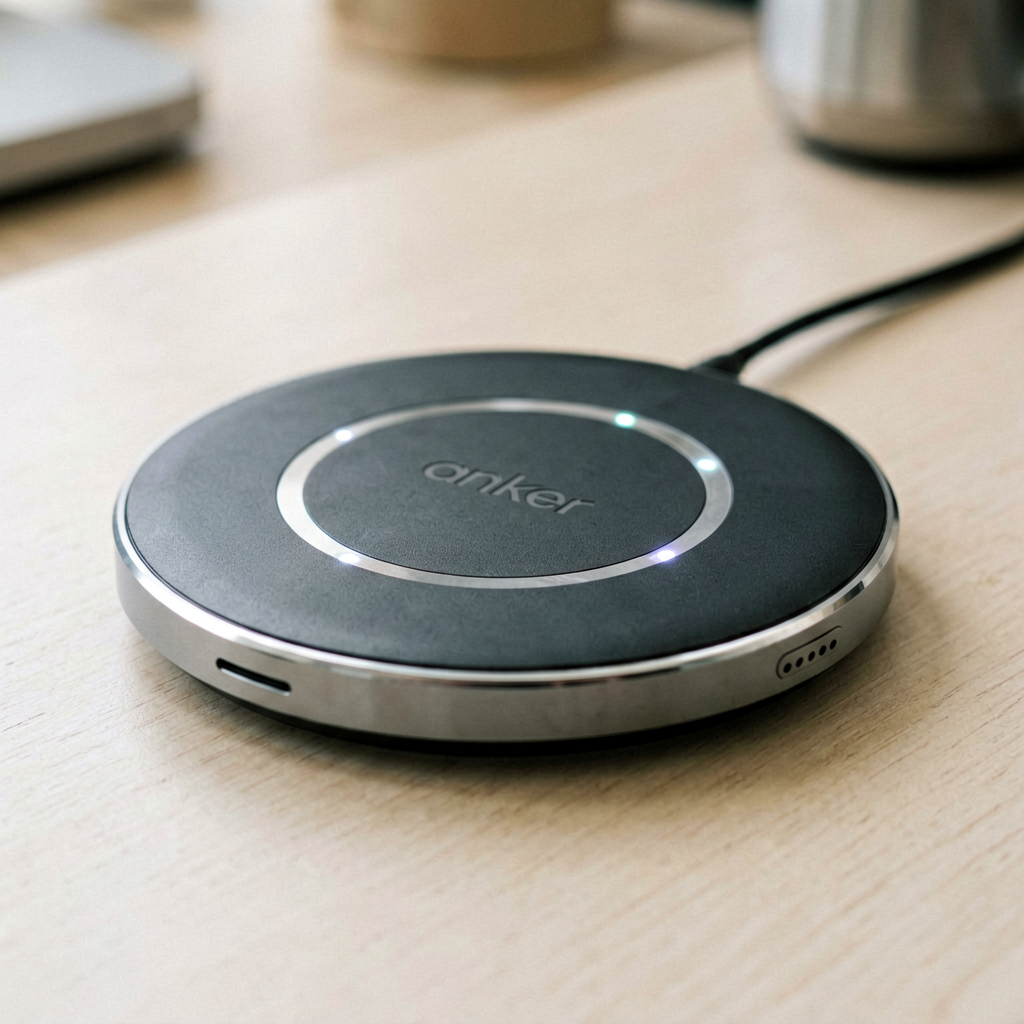 Close up detail shot of magnetic wireless charger in use, shallow depth of field, realistic product photography