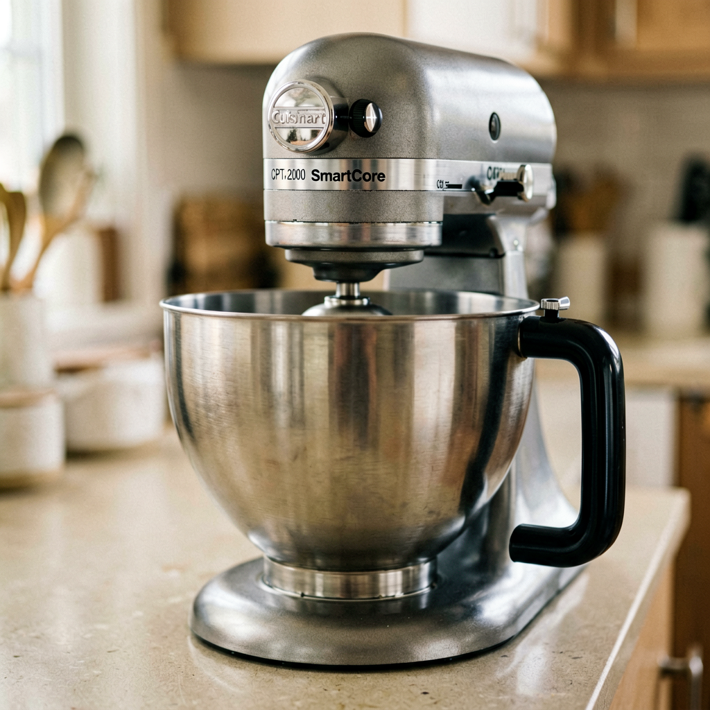 Close up detail shot of Cuisinart CPT-2000 SmartCore in use, shallow depth of field, realistic product photography