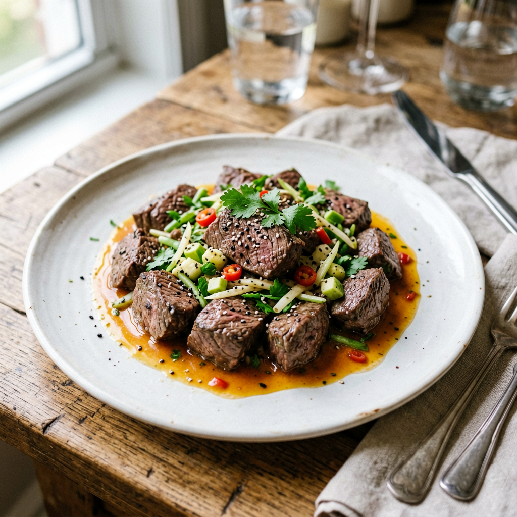 Finished 30-Minute Italian Beef Bowl beautifully plated, professional food photography, natural lighting