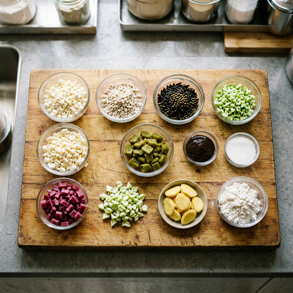 Ingredients prepped and organized on cutting board, mise en place, professional kitchen setup