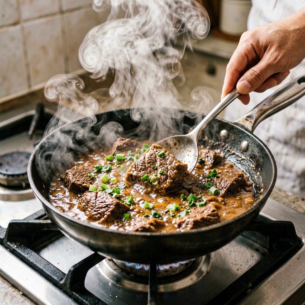 Cooking process shot, 30-Minute Italian Beef Bowl in pan, steam rising, professional action photography