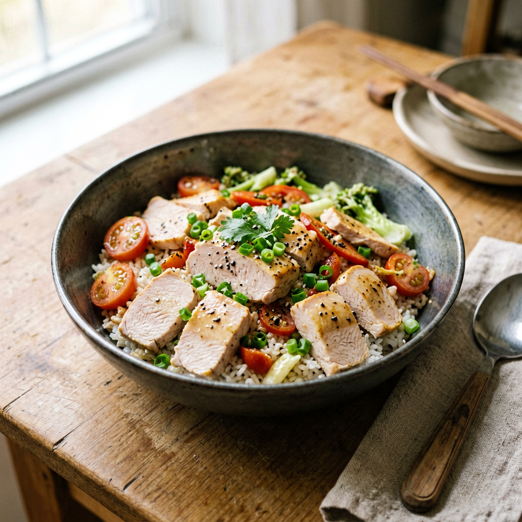 Finished 30-Minute One-Pan Chicken Bowl beautifully plated, professional food photography, natural lighting