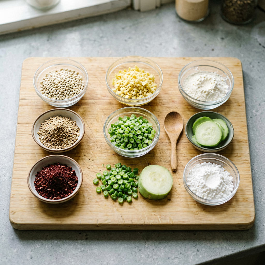 Ingredients prepped and organized on cutting board, mise en place, professional kitchen setup