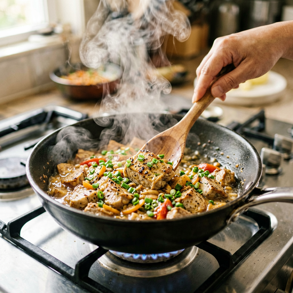 Cooking process shot, 30-Minute One-Pan Chicken Bowl in pan, steam rising, professional action photography