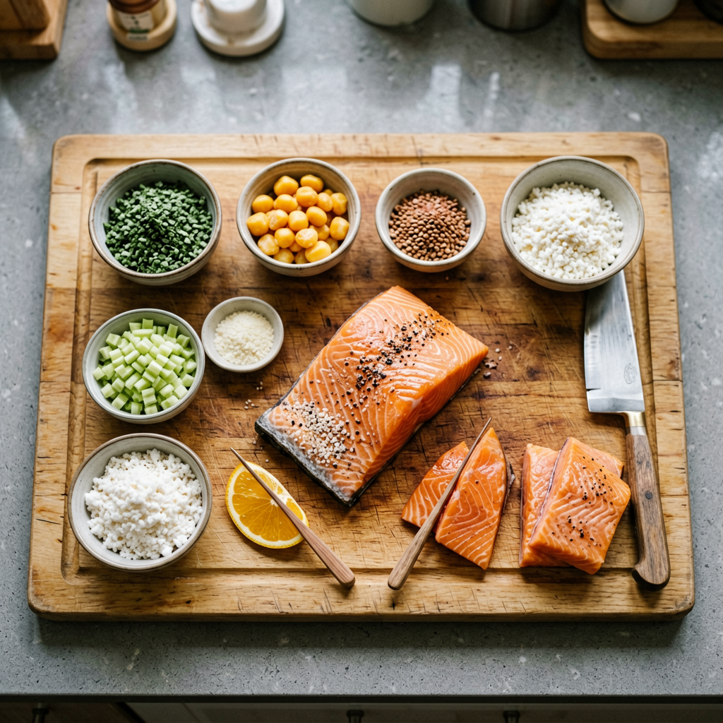 Ingredients prepped and organized on cutting board, mise en place, professional kitchen setup