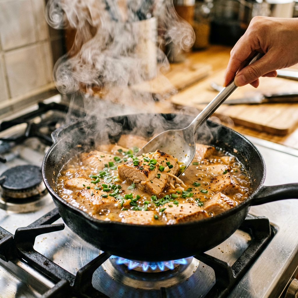 Cooking process shot, 30-Minute One-Pan Salmon Soup in pan, steam rising, professional action photography