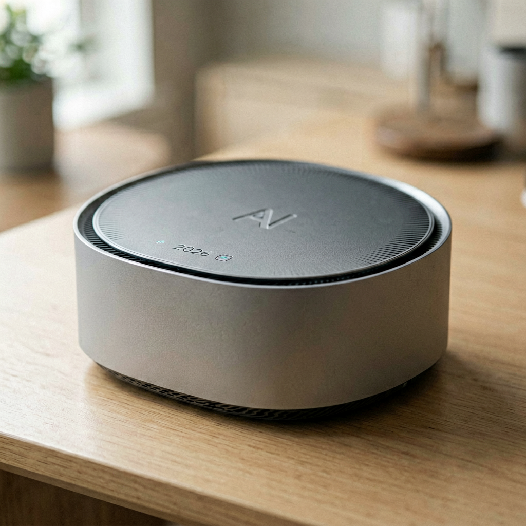 Close up detail shot of AI home hub 2026 in use, shallow depth of field, realistic product photography