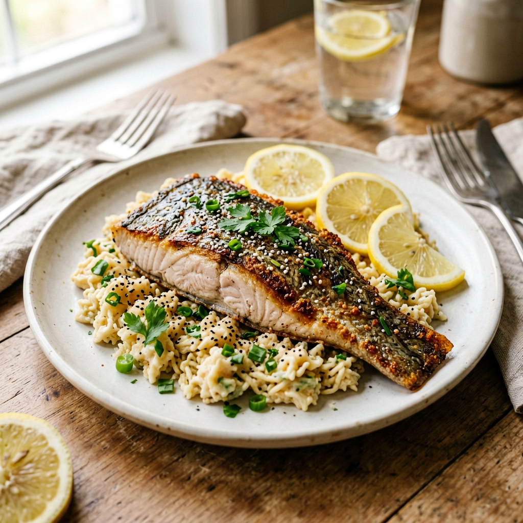 Finished Air-Fried Lemon-Dill Salmon with Crispy Skin: 12-Minute Healthy Lunch beautifully plated, professional food photography, natural lighting