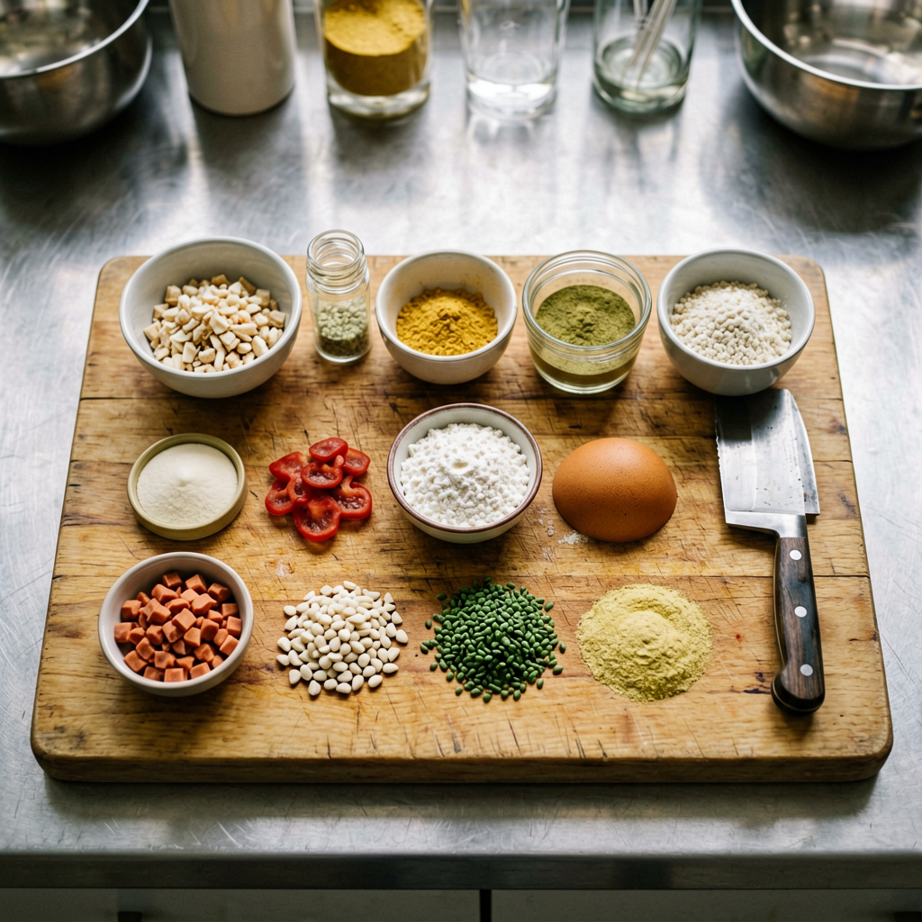 Ingredients prepped and organized on cutting board, mise en place, professional kitchen setup