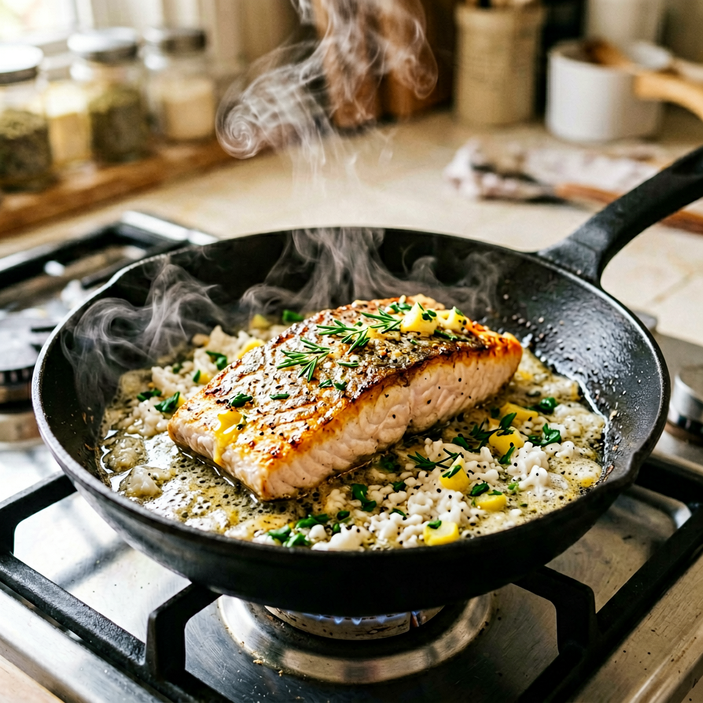 Cooking process shot, Air-Fried Lemon-Dill Salmon with Crispy Skin: 12-Minute Healthy Lunch in pan, steam rising, professional action photography
