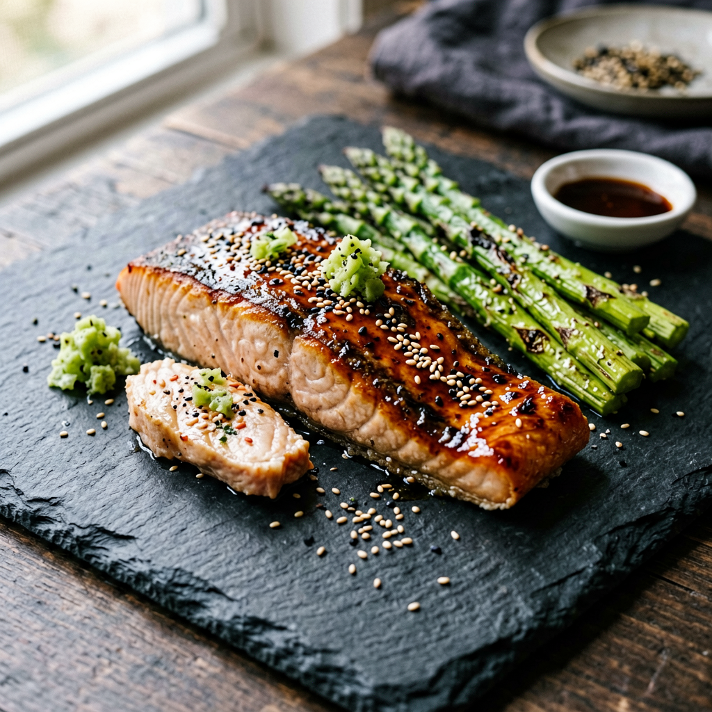 Finished Air-Fried Miso-Maple Glazed Salmon beautifully plated on a dark slate board with roasted asparagus and sesame seeds, professional food photography, natural lighting