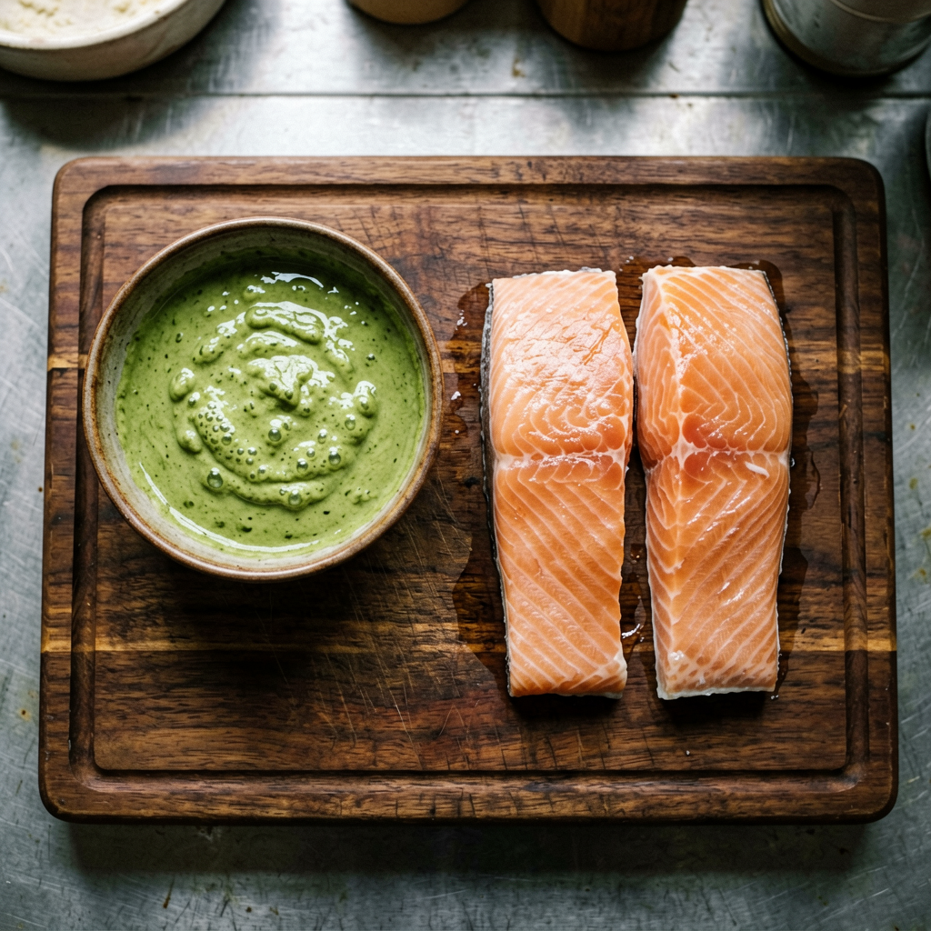 Ingredients prepped and organized on a dark wooden cutting board, miso glaze in a small bowl, salmon fillets patted dry, mise en place, professional kitchen setup