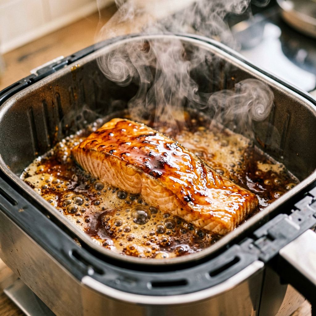 Cooking process shot, salmon in the air fryer basket with miso-maple glaze bubbling and caramelizing, steam rising, professional action photography