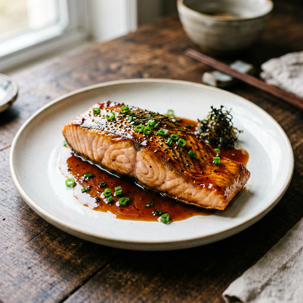Finished Air-Fried Miso-Glazed Salmon beautifully plated, professional food photography, natural lighting
