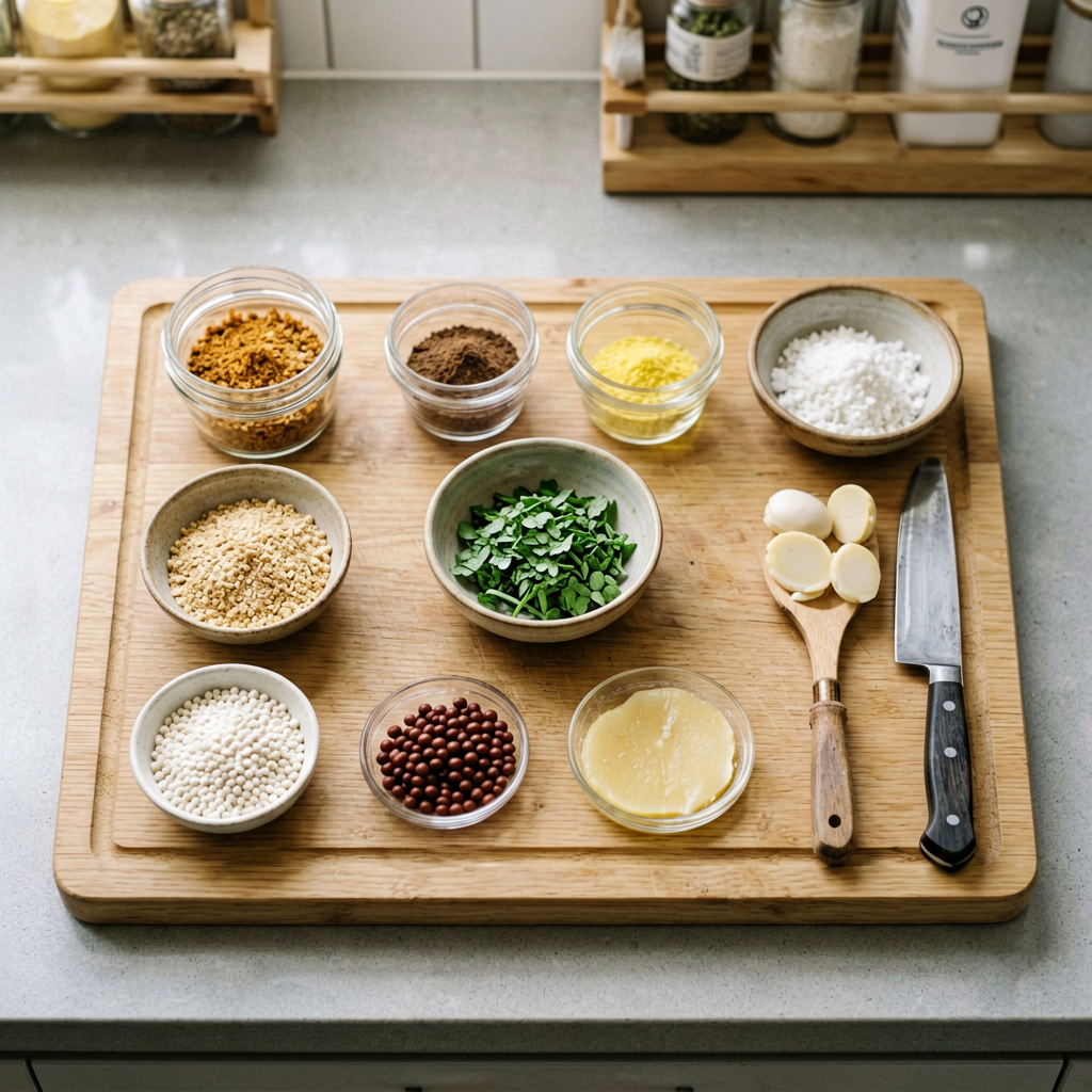 Ingredients prepped and organized on cutting board, mise en place, professional kitchen setup