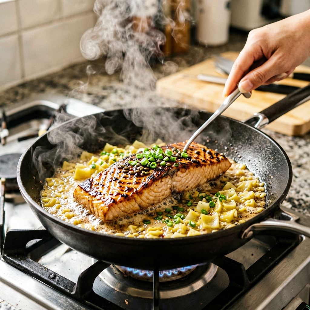 Cooking process shot, Air-Fried Miso-Glazed Salmon in pan, steam rising, professional action photography