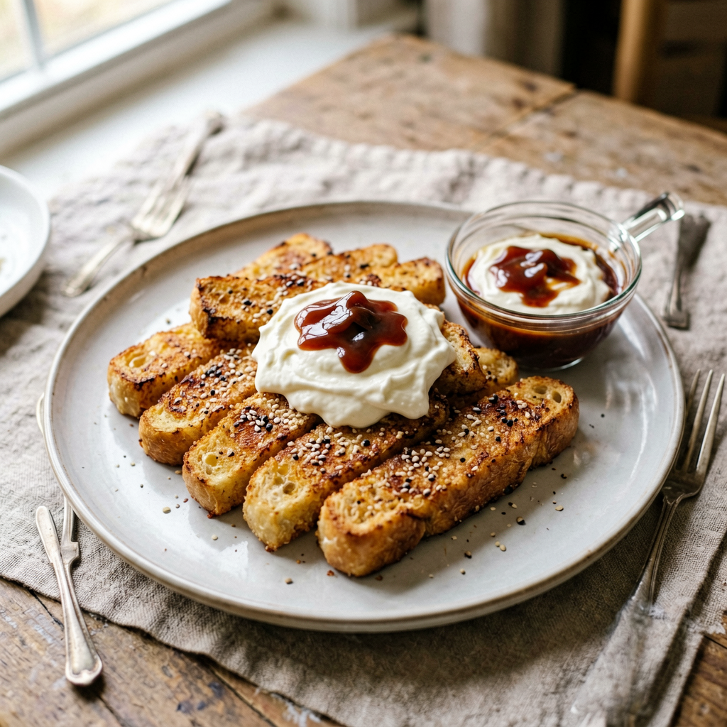 Finished Air Fryer Everything Bagel French Toast Sticks with Maple Cream Cheese Dip beautifully plated, professional food photography, natural lighting