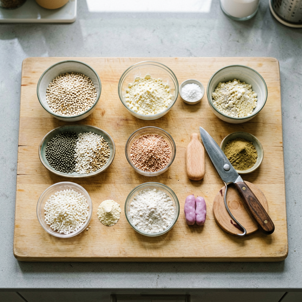 Ingredients prepped and organized on cutting board, mise en place, professional kitchen setup
